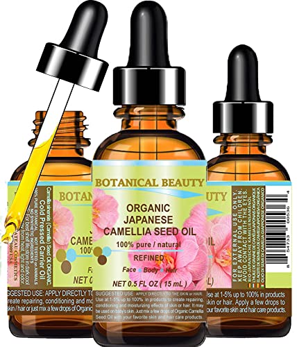 Japanese CAMELLIA Seed Oil 100% Pure Natural Undiluted Refined Cold Pressed Carrier Oil for Face Hair Skin Nails 0.5 Fl. oz 15 ml by Botanical Beauty