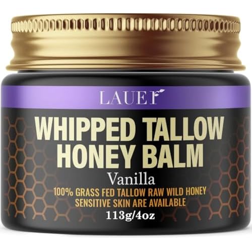 Whipped Tallow Honey Balm Soft Smooth Skin Face 100% Grass-Fed Beef Tallow Body Butter Raw Honey All Skin Type Natural Vanilla Moisturizer for Eczema Rashes Dry Skin Sunburn Stocking Stuffer for Women