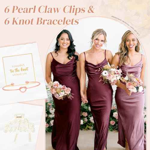 DEEKA 12 Pcs Bridesmaid Proposal Gifts, Pearl Hair Claw Clips & Bridesmaid Knot Bracelet Bachelorette Party Wedding Favors Bridal Party Present Hair Accessories for Women(Rose Gold Bracelets)