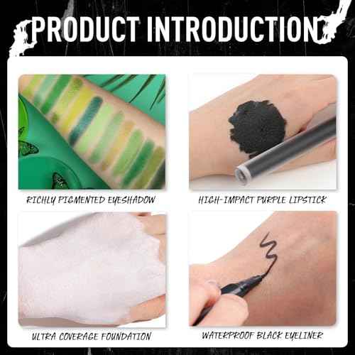 UCANBE Green Halloween Makeup Kit ? Zombie Witch Beetle Juice Monster Makeup Set for SFX Costume Cosplay with Eyeshadow Palette, White Foundation, Black Lipstick,Eyeliner, Setting Powder & Sponges