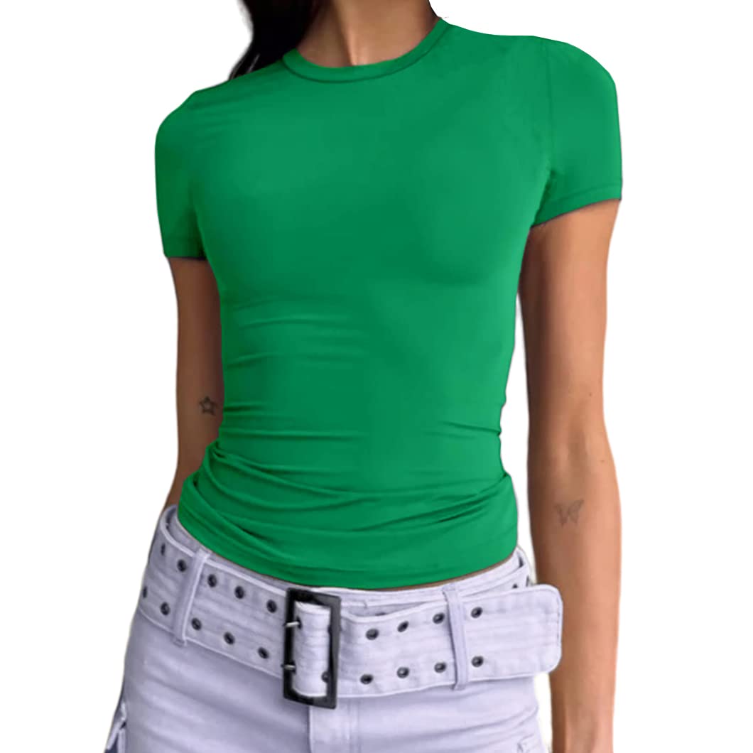 Abardsion Women's Casual Basic Going Out Crop Tops Slim Fit Short Sleeve Crew Neck Tight T Shirts (Green, S)