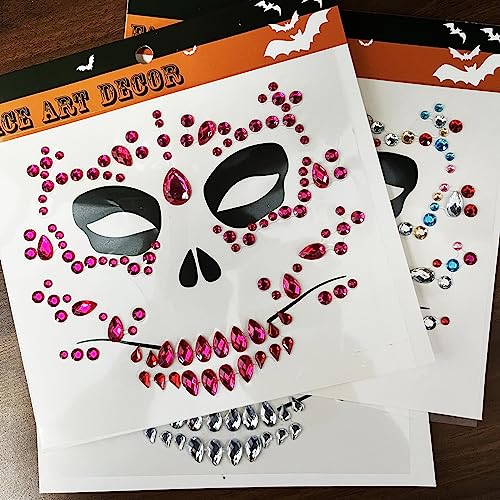 Face Jewels Temporary Face Tattoos, 6-Pack Day Of The Died Skull Festival Face Gems, Crystal Make up Eye Glitter Face Stickers for Halloween