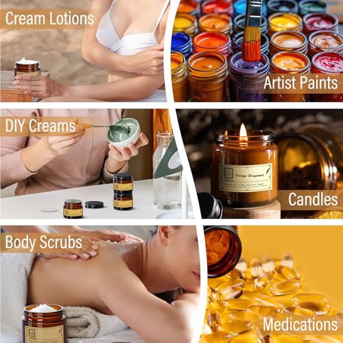 12 Pack 4 oz Amber Glass Jars with Black Metal Lids - Airtight Cosmetic Containers