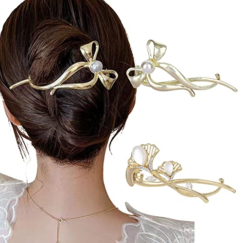 Yonchic 2-Piece Metal Hair Barrettes Clips, Simple Style Bow Pearl Hair Clip, Non Slip Elegant Retro Hair Claw for Thin/Medium Thick Hair, Trendy Multiple Shapes Aesthetic Hair Accessories