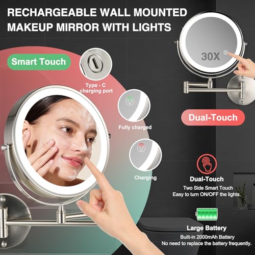 30X/1X Wall Mounted Makeup Mirror with Light: 8.5 Inch Double-Sided, 3 Color Modes, USB-C Rechargeable, 360¡Æ Swivel, Brushed Nickel