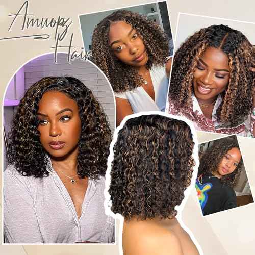 Highlight Curly Human Hair Wig 1B/30 Glueless Wigs Human Hair Pre Plucked Pre Cut No Glue Deep Wave Wig Short Ombre Brown Bob Wig Wear and Go Glueless Wig 200 Density for Women 12"