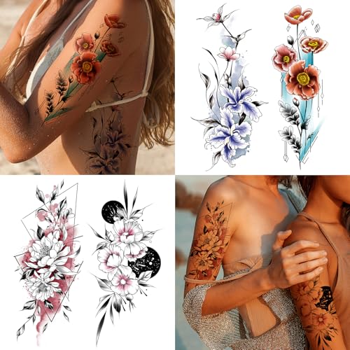Cerlaza Realistic Flower Temporary Tattoos for Women, 12 Sheet Waterproof Semi-Permanent