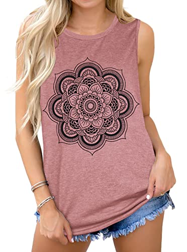 Tops for Women Casual Sleeveless Scoop Neck Flower Graphic Loose Fit Workout Tank Tee Shirts(Pink Flower, S)