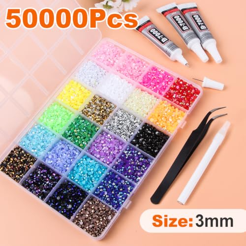 EGKamh 50,000PCS 28-Color 3mm Jelly Multicolored Rhinestones Bedazzling Kit with Glue & Tools