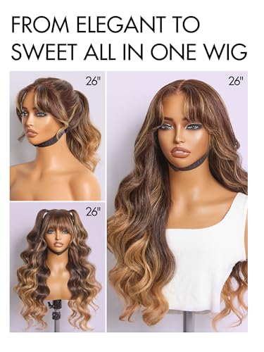 LUVME 7x6 HD Lace Wig with Bangs, 200% Density, Body Wave, Ombre Blonde, Glueless, 16 Inch