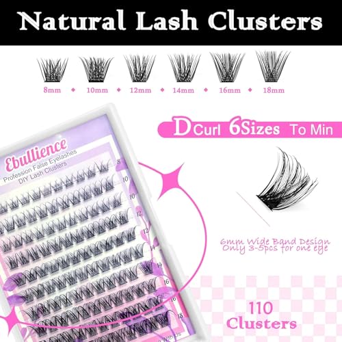 Lash Clusters Wispy D-Curl Eyelash Extensions 8-18mm Natural Volume Individual Lashes with Soft Thin Band 110 Clusters DIY Lash Extension for Beginners
