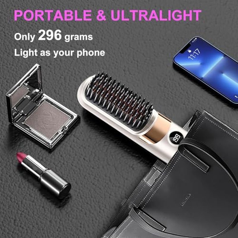 CELLBELL Go Brush Pro Cordless Hair Straightener Brush - Portable Ceramic Styling Tool with 4 Heat Modes & LED Display