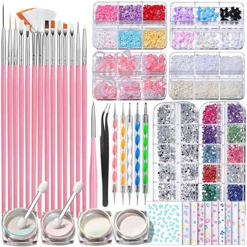 FANDAMEI Nail Art Brushes Set, Nail Art Kit, Nail Design Kit, Nail Dotting Tools, Nail Kit for Beginners, Chrome Nail Powder, Nail Stickers, Nail Rhinestones, Nail Charms Gems Nail Art Decoration Kit