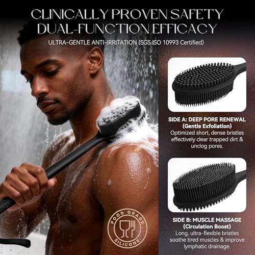 CORATED Silicone Back Scrubber with Long Handle, 2-in-1 Exfoliating Body Brush