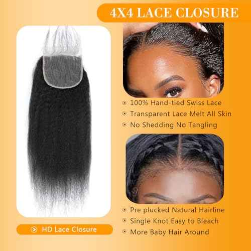 QTHAIR 16A Virgin Kinky Straight Lace Closure (18inch) 4x4 Free Part 150% Density Top Swiss Lace Natural Kinky Straight Human Hair Closure with Baby Hair