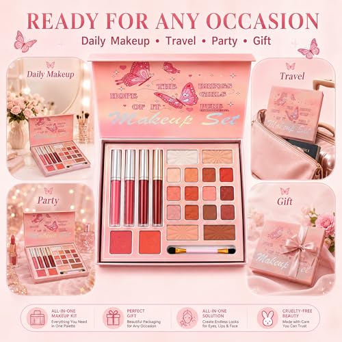 5 in 1 Makeup Palette Set with Eyeshadow, Blush, Highlighter & Brush
