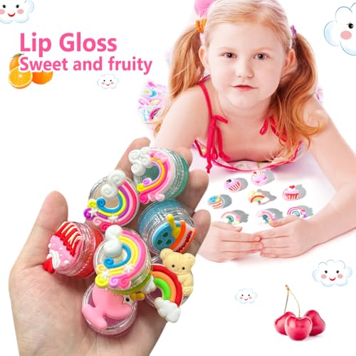 8PCS Cute Lip Gloss for Girls, Party Favors Lip Balm Set for Kids, Assorted Fruity Flavors Cute Cupcake of Rainbow Designs Birthday Gift