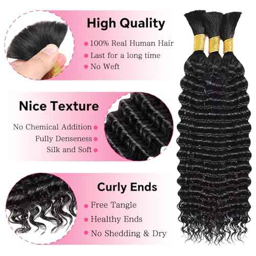 Deep Wave Bulk Human Hair Braiding 3 Bundles/Pack 110g 24 Inch No Weft Brazilian Virgin Curly Human Hair Extensions for Boho Braids Wet and Wavy Human Braiding Hair