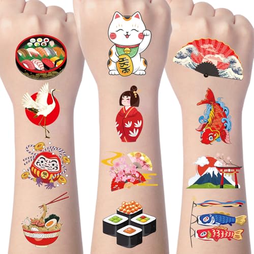 Gameza Japanese Hibachi Temporary Tattoos - 200+ Hibachi Birthday Party Decorations Japanese Paper Fans Lanterns Tattoo Stickers Gifts, Asian Chinese Baby Shower Wedding Birthday Supplies Prizes