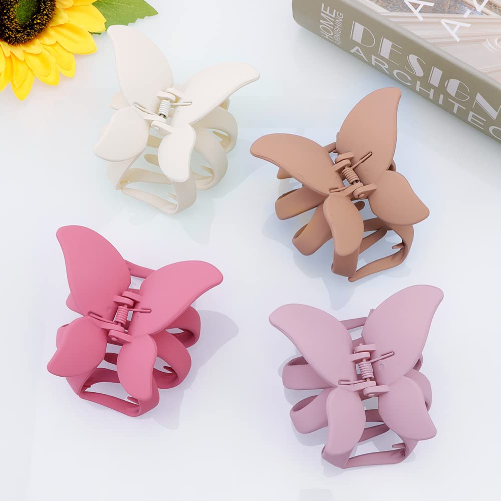 ATODEN Butterfly Hair Accessories: 4Pcs Large 2.8 Inch Pink Octopus Claw Clips for Thick Hair - Matte Jumbo Non-Slip Aesthetic Hair Claws and Clamps, Cute Gifts for Girls and Women