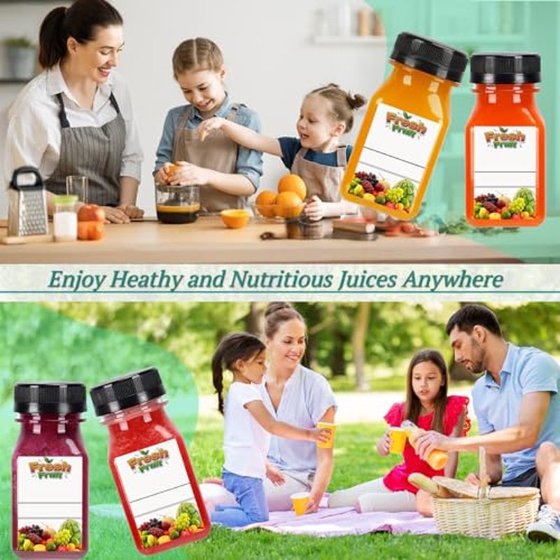 100 Pack 4oz Clear Plastic Juice Bottles with Caps & Labels