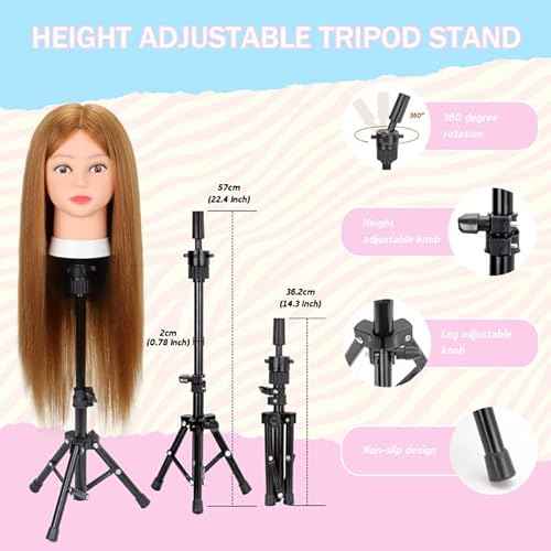 Mannequin Head with Human Hair 80% Real Hair 26-28'' Cosmetology Mannequin Head for Hairdresser Cosmetology Student Styling Practice on Braiding Manikin Doll Head with Tripod Set
