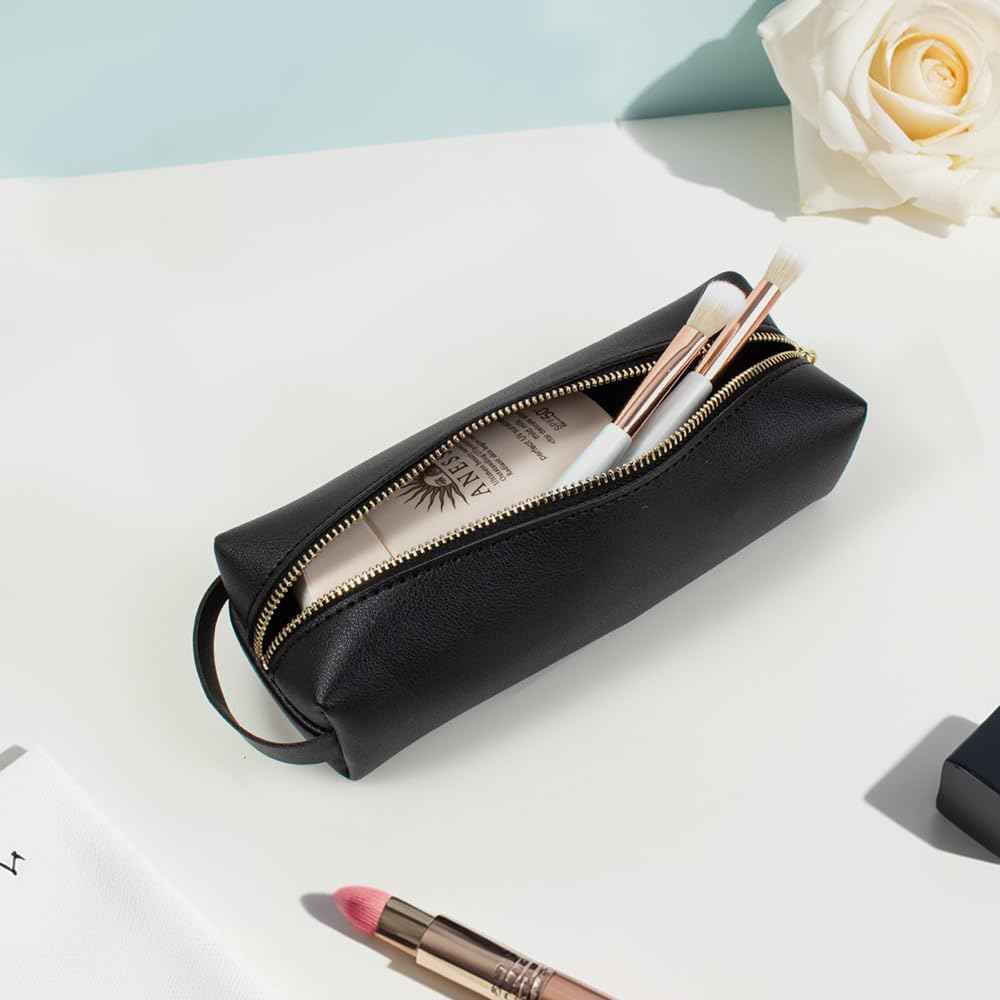 FFpaw Travel Makeup Bag, Slim Makeup Brush Bag Small Makeup Bag for Purse Leather Brush Holder Bag Portable Cosmetic Case Travel Toiletry Bag with Zipper Car Essentials for Women Girls