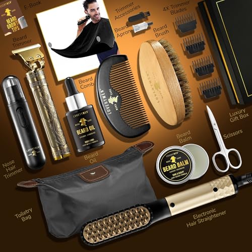 Gifts for Men Who Have Everything, Birthday Gifts for Him, Grooming Beard Kit, Beard Trimmer, Nose Hair Trimmer, Hair Straightener Brush, Oil, Balm & More, 15pc Men Care Kit, Dad Gifts