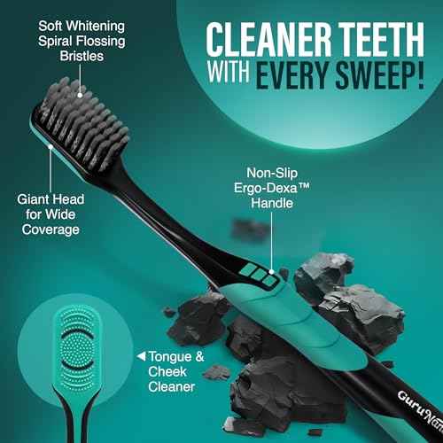 GuruNanda Gentle Giant Charcoal Toothbrush - Dual Action Flossing Spiral Bristles, Non-Slip Ergo Dexa Grip Handle, Helps in Teeth Whitening, BPA Free, 2ct