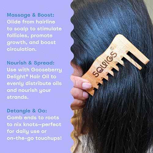 Squigs Beauty Neem Wooden Comb for Women & Men ? Handcrafted Pocket-Sized Wide-Tooth Comb for Hair Detangling, Scalp Massage, Oil Distribution & Anti-Breakage ? Pure Neem Wood for Hair Growth