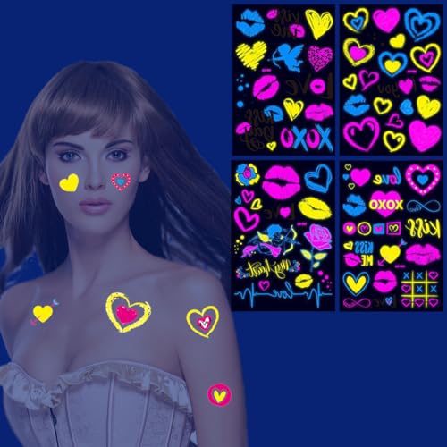 Glow in the Dark Heart Temporary Tattoos - Waterproof Neon