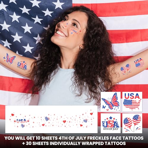 Cerlaza Labor Day Decorations, Glitter Freckles Face Tattoo with American Flag Design, Red White Blue Usa Accessories, 4th of July Independence Day Fake Tattoos Makeup Kit, Rave Outfits for Women