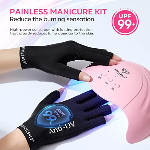 Modelones UV Light for Gel Nails with 2 Pairs of UV Gloves, 48 W Nail Dryer with 3 Timer Settings, Nail Lamps for Gel Polish, Professional UPF99+ UV Protection Gloves for Nail Art Manicure