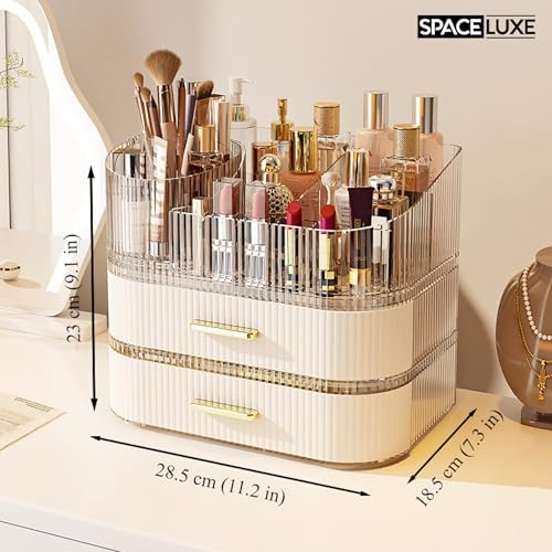 SpaceLuxe 360° Rotating Makeup Organizer with Drawers - Cream White