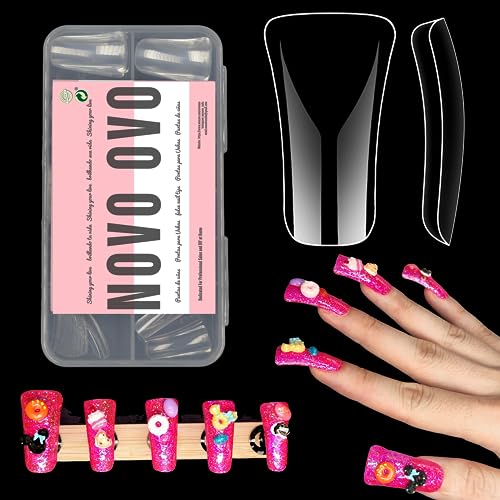 NOVO OVO 120 pcs Full Cover Duck Feet Nail Tips Press On for Acrylic, Clear Medium/Long Coverage Flare Y2K Vibe Wide French Soft Gel False Nail Extension for Art Salon x 12 Sizes in Box