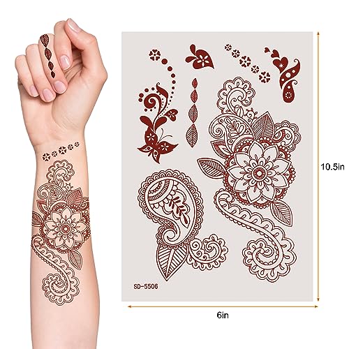 AHIER Temporary Tattoos for Women, 6 Sheets Henna Stickers, Waterproof Red Henna Tattoo Stickers for Women
