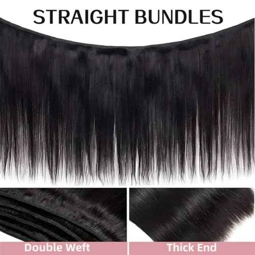 Peruvian Virgin Hair Straight Hair 3 Bundles 12 14 16 Inch Human Hair Bundles 100% Unprocessed Remy Hair Extensions Raw Quick Weave Sew In Hair Bundles Double Wefts Nature Black Color