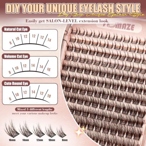 FLOMAZE Brown Wispy Lash Clusters - Natural Dark Brown Eyelash Extensions, DIY Spiky Clusters for Fluffy Volume, 144Pcs, 8-16MM - Unique Duo Spikes Design