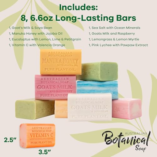 Australian Botanical Soap Variety Pack, 6.6 oz Bars ? Goat Milk, Eucalyptus, Manuka Honey, Sea Salt, Pink Lychee, Lemongrass, Raspberry, Valencia Orange ? Enriched with Organic Shea Butter, Pack of 8