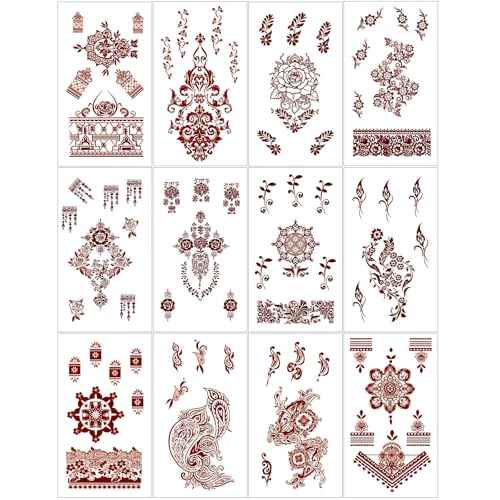 Henna Tattoo 12 Sheets Red Brown Henna Mehndi Temporary Tattoos for Women and Teen Girl, Waterproof Realistic Fake Tattoos for Wedding Beach Rave Festival Party Makeup Body Paint Parties Friends etc