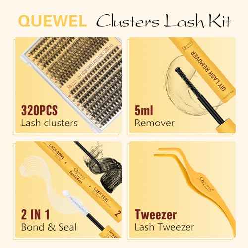 QUEWEL Lash Clusters Kit, 320 Pcs 30D+40D Lash Cluster Eyelash Extensions 9-16mm Lash Clusters Wispy Kit with Eyelash Clusters Bond and Seal Glue Remover Tweezers (30D+40D Kit)