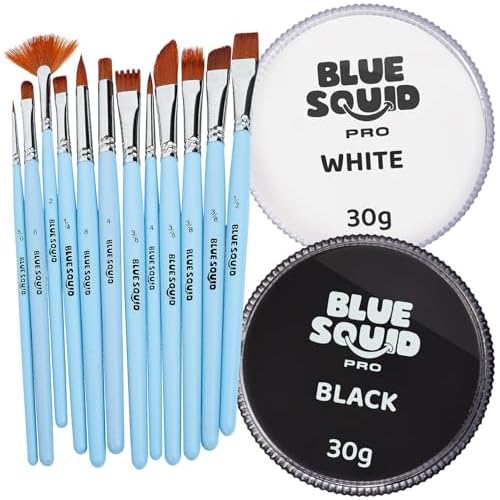 Blue Squid PRO Face Paint - Classic Black and White (30gm), 12 Brushes, Professional Water Based Single Cake Face & Body Paint Makeup Supplies for Adults Kids Halloween Facepaint