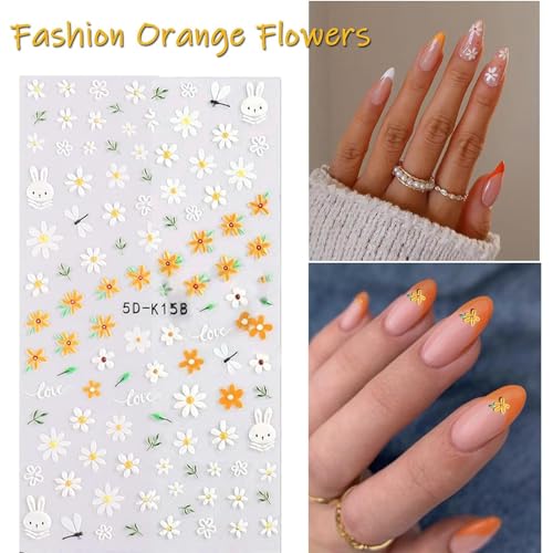 5D Embossed Flower Nail Stickers Set - 4 Sheets Floral Decals & Tweezers