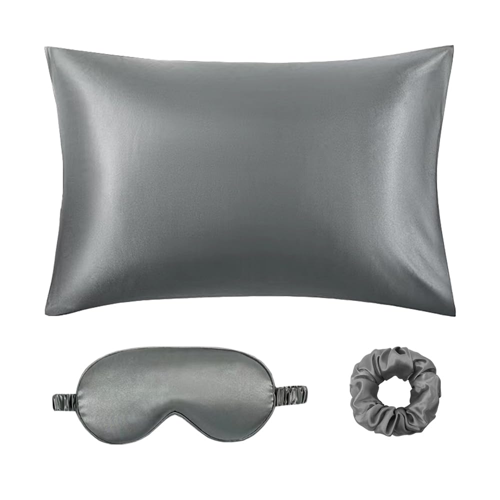 Silky Grey Satin Pillowcase Eye Mask 3-Piece Set 20"x30" Satin Pillow Case Sleep Mask and Scrunchies Blindfold Gift Set for Men Women (Gray)