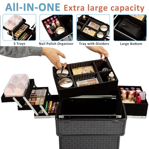AROUS Rolling Makeup Case with 4 Trays, Black Cosmetology Trolley