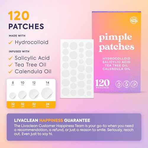 Livaclean 120 CT Pimple Patches for Face w/ Salicylic Acid, Tea Tree & Calendula Oil - Four Sizes Zit Dots Acne Patches for Face - Hydrocolloid Patch Pimple Patch Invisible - Acne Dots Zit Stickers