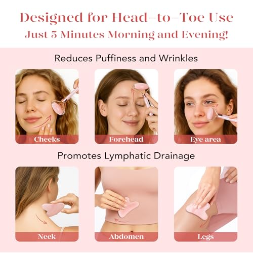 Rose Quartz Facial Roller & Gua Sha Set for Face Sculpting