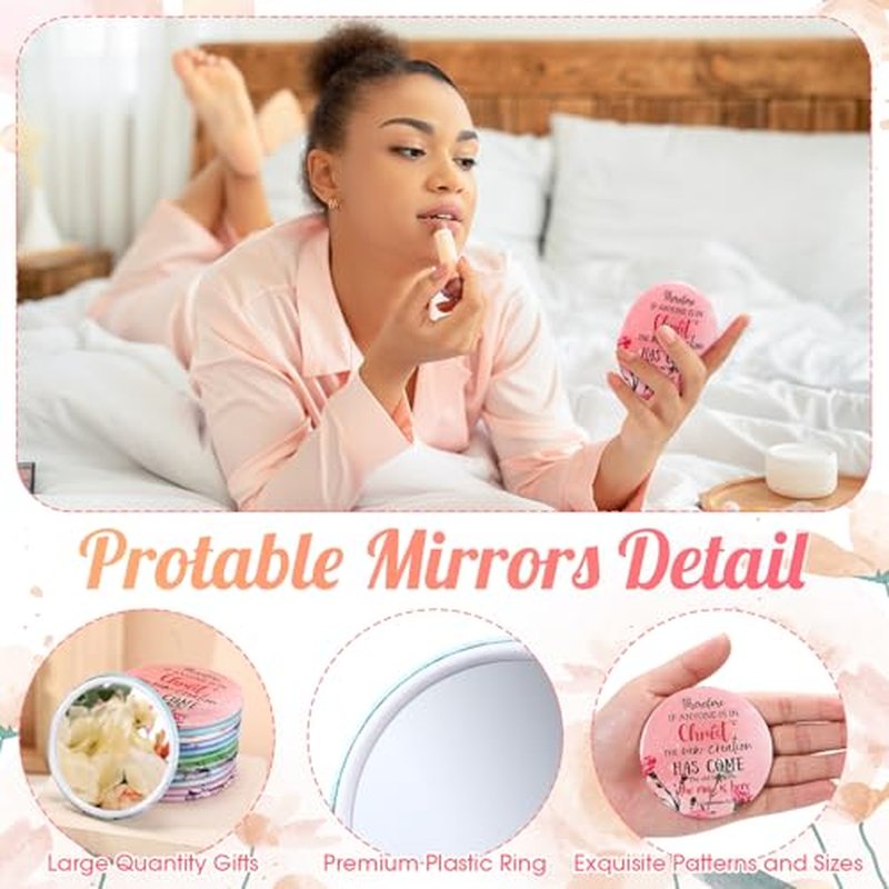 48 Sets Christian Gifts for Women Bible Verse Compact Mirror with Card Bag Inspirational Pocket Makeup Mirror Gifts for Mother Church Group Sunday School(Flower Color)