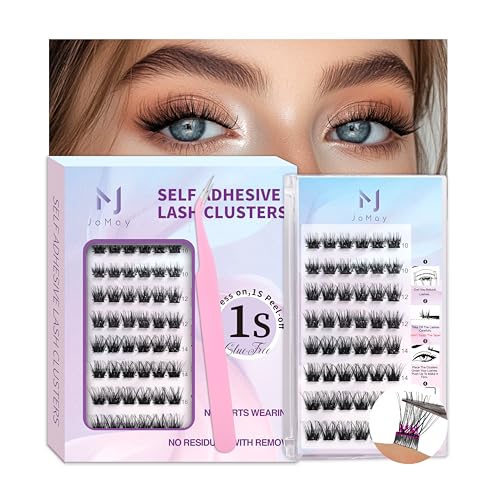 JoMay Self Adhesive Eyelashes, Press on Lashes No Glue Needed, Glueless Lashes Pre-Glued Natural Cluster Extension Kit D Curl For Beginners, No Sticky Residue 1 Step DIY 48PCS 10-16mm X03