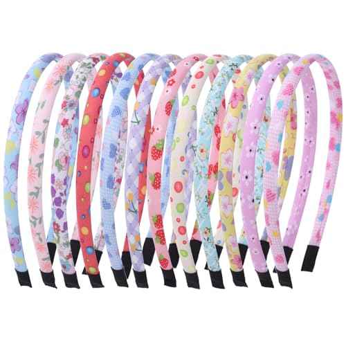 Fishdown Headbands for Girls 12Pcs Thin Head Bands for Kids Children Hairbands for Toddler Floral Cloth Fabric Covered Headband Birthday Party Favors